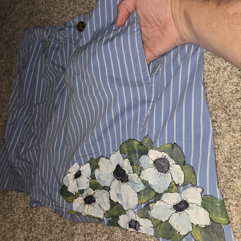 Blue Striped Skirt with Floral Design